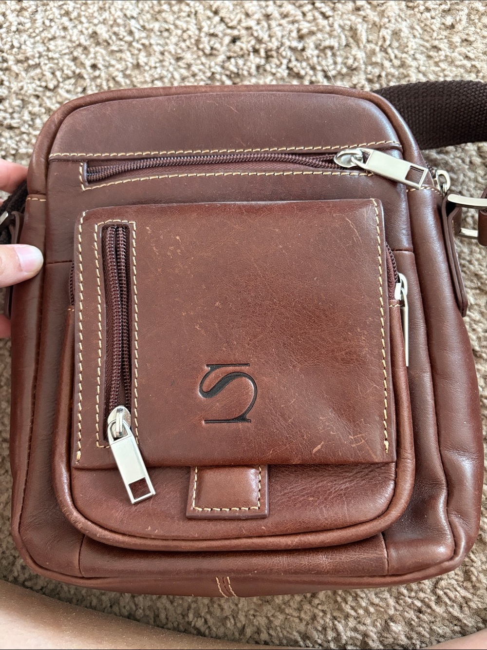 Men's Brown Leather Messenger Crossbody Bag with Front Zip Pocket